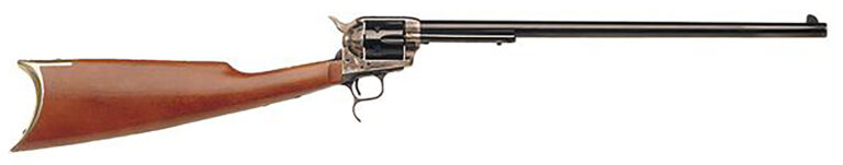 Cimarron MP419 Revolving Carbine Full Size 45 Colt (Long Colt) 6 Shot 18″ Blued Stainless Steel Barrel, Color Case Hardened Stainless Steel Receiver, Walnut