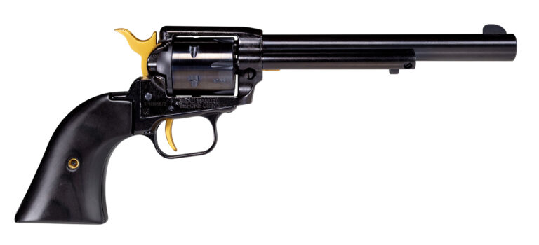 Heritage Mfg RR22B6-GLD Rough Rider 22 LR 6 Shot 6.50″ Black Oxide Alloy Steel Barrel, Black w/Gold Accents Steel Frame, Black Oxide Cylinder, Black Laminate