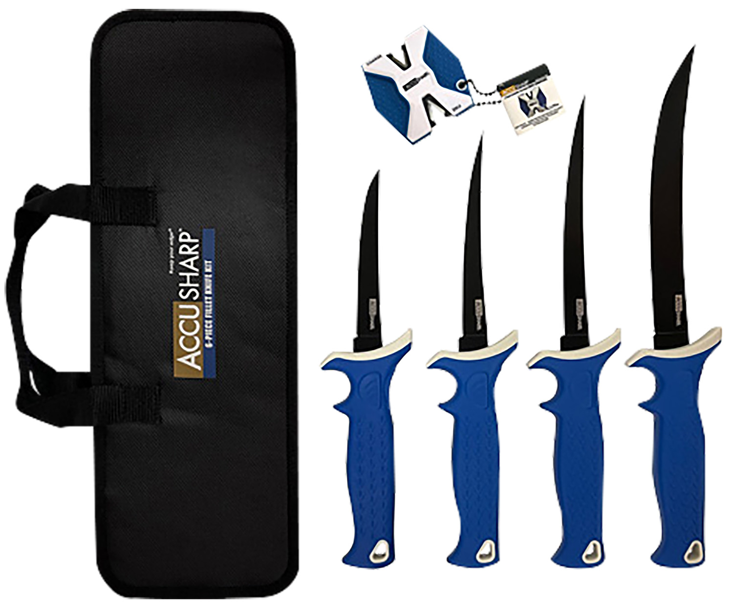 AccuSharp 737C Knife Kit 4.75/5.50/6.50/8″ Fixed Fillet Plain Satin Stainless Steel Blade/ Blue Non-Slip Grip TPR Handle Includes 2-Step Sharpener