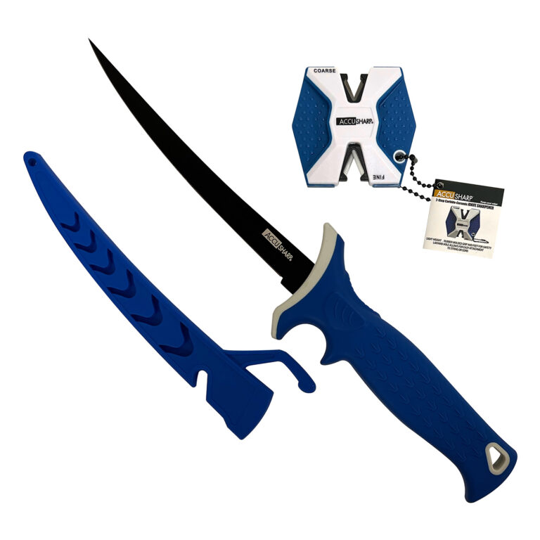 AccuSharp 736C Fillet w/Sharpener 6.50″ Fixed Fillet Plain Satin Titanium Coated Stainless Steel Blade/Royal Blue Ergonomic Anti-Slip Rubber Handle Includes