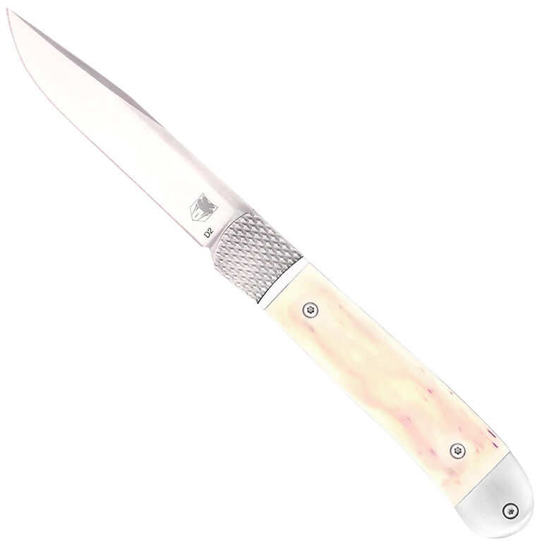 CobraTec Knives CTTHRWT Trapper Hidden Release 3.12″ OTF Drop Point Plain Satin D2 Steel Blade, 4.25″ White Bone Scales Handle