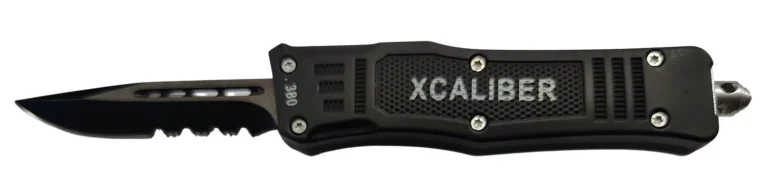 Xcaliber Knife Company 380 ACP Small 2.75″ OTF Part Serrated Black 440C SS Blade, 3.91″ Steel Handle