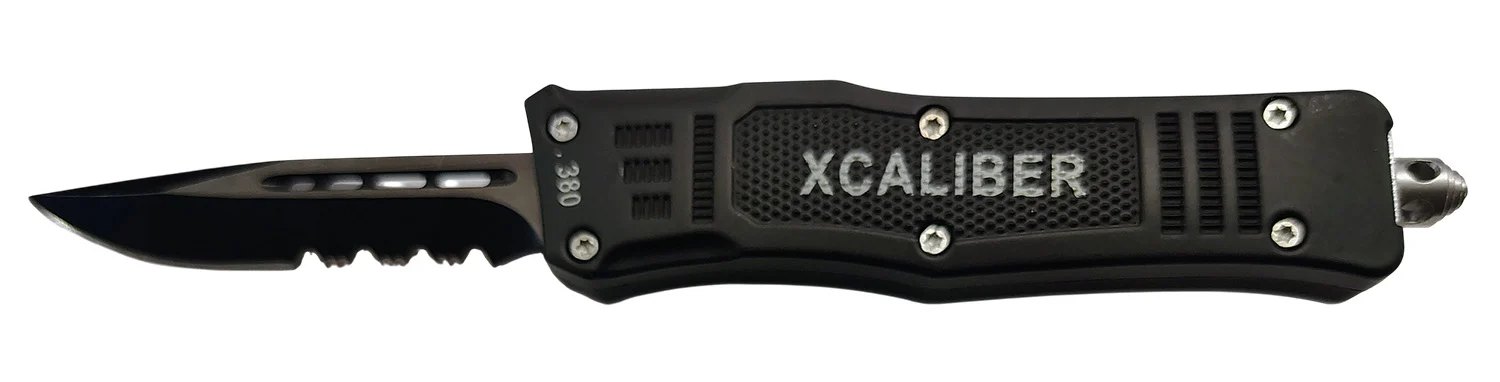 Xcaliber Knife Company 380 ACP Small 2.75″ OTF Part Serrated Black 440C SS Blade, 3.91″ Steel Handle