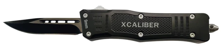 Xcaliber Knife Company 9mm Small 2.75″ OTF Drop Point Black 440C SS Blade, 3.91″ Steel Handle
