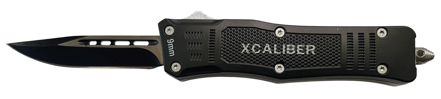 Xcaliber Knife Company 9mm Small 2.75″ OTF Drop Point Black 440C SS Blade, 3.91″ Steel Handle