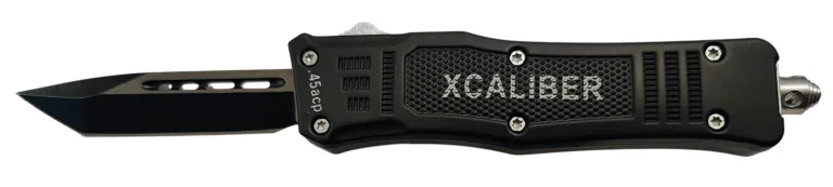 Xcaliber Knife Company 45 ACP Small 2.75″ OTF Tanto Plain Black 440C SS Blade, 3.91″ Steel Handle