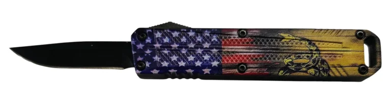 Xcaliber Knife Company Drop Point Mini 1.80″ OTF Drop Point Plain Black 440C SS Blade, 3.52″ US Flag Aluminum Handle