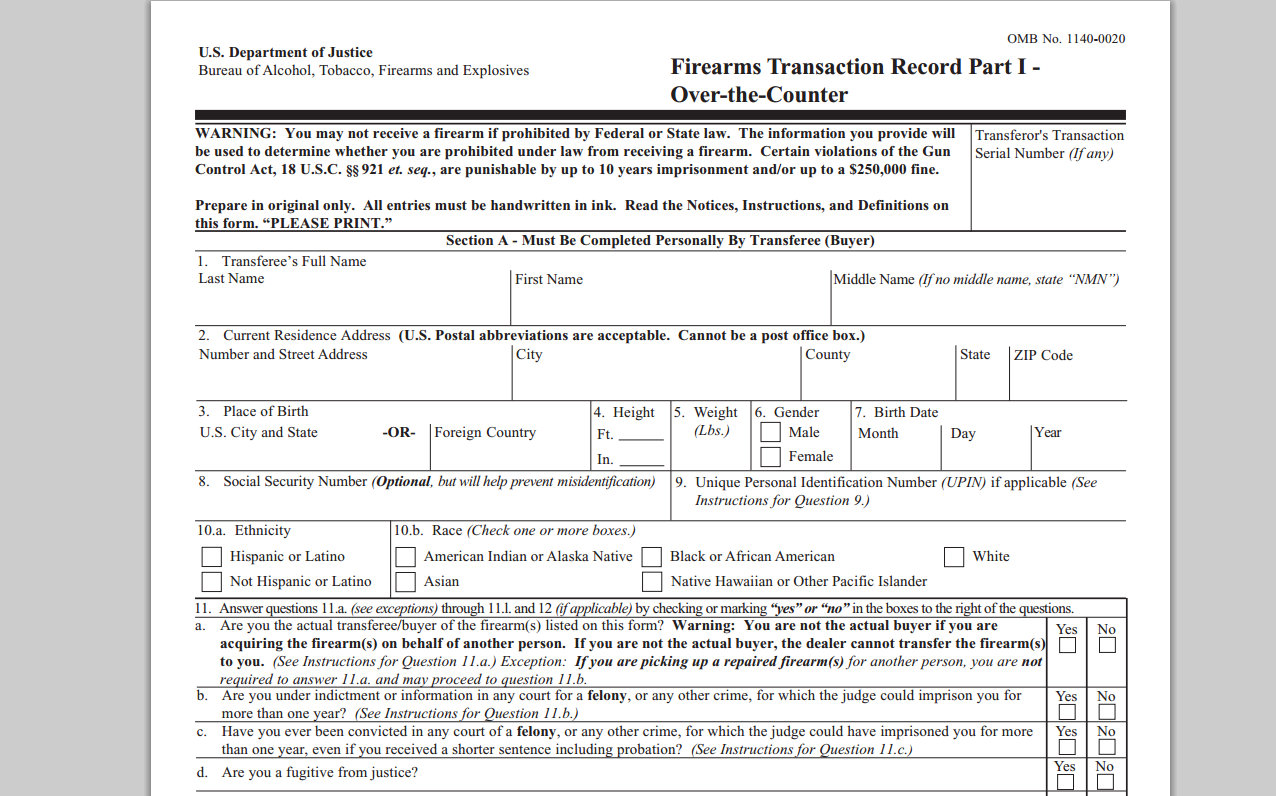 ATF Form 4473 for gun sales at a Federally Licensed Firearms Dealer