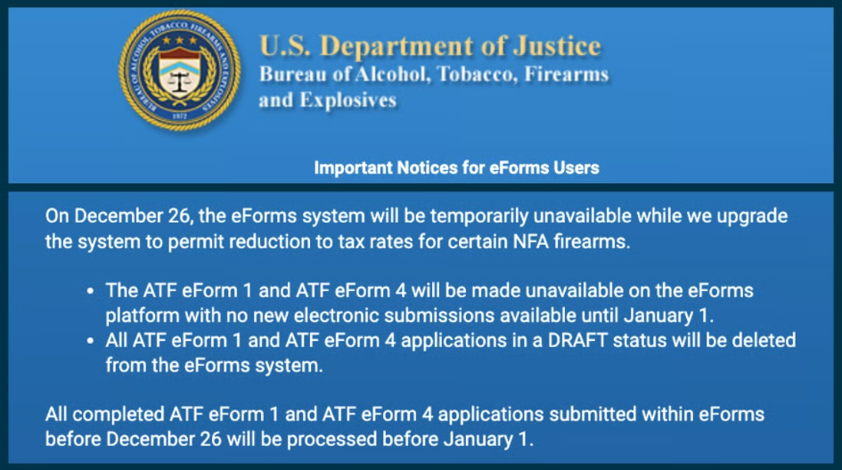 ATF update on eForm changes starting December 26th, 2025 for $0 Tax Stamp