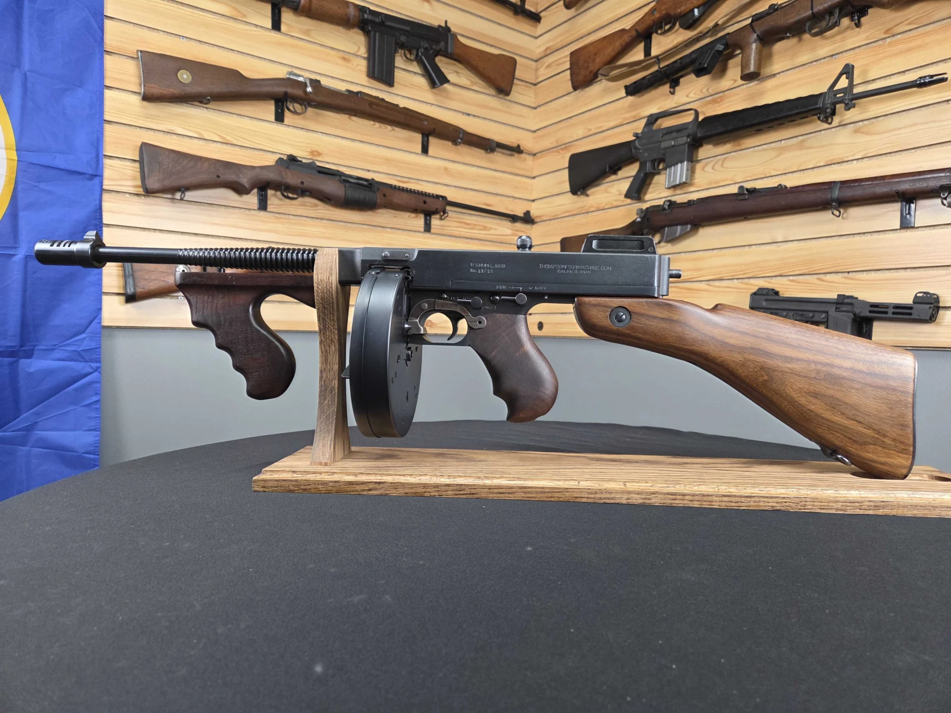 Historic Thompson-style firearm on display