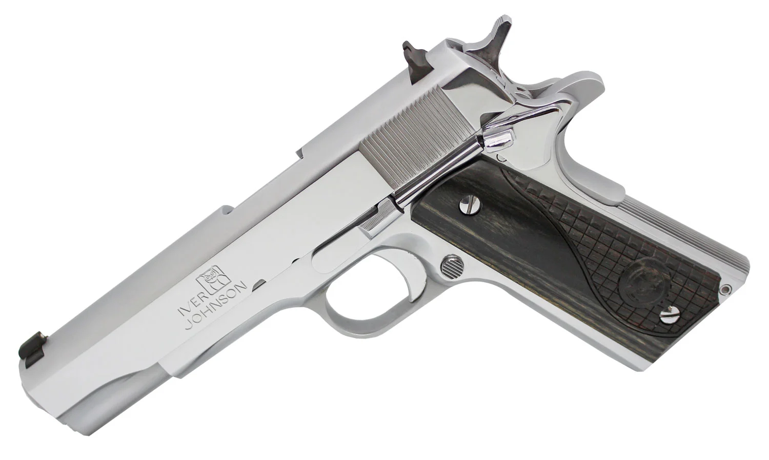 Iver Johnson Arms 1911A138CHRW 1911 A1 Government 70 Series 38 Super 9+1 5" Bright Polish Chrome Serrated Steel Slide & Frame w/Beavertail, Black Dual Textured Diamondwood Grip, Right Hand