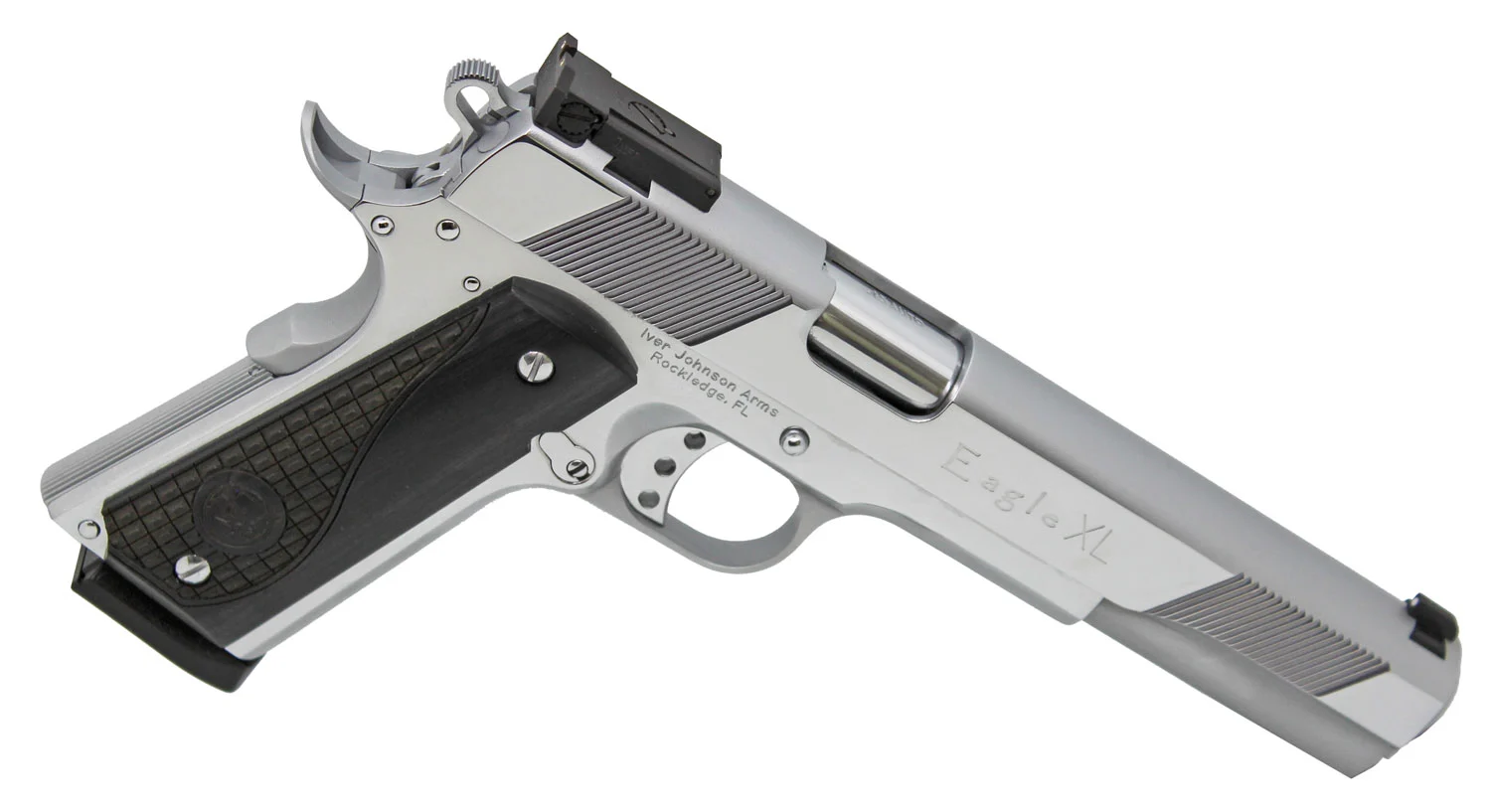 Iver Johnson Arms EAGLEXLC45 Eagle XL 45 ACP 8+1 6" Steel Barrel, Bright Chrome High Polished Long/Serrated Steel Slide & Frame w/Beavertail, Diamondwood Walnut w/Integrated Logo Grip, Right Hand