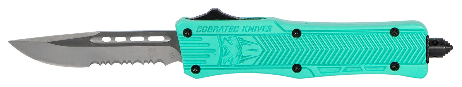 CobraTec Knives STFCTK1SDS CTK-1 Small 2.75" OTF Drop Point Part Serrated D2 Steel Blade/ Tiffany Blue Aluminum Handle Features Glass Breaker Includes Pocket Clip