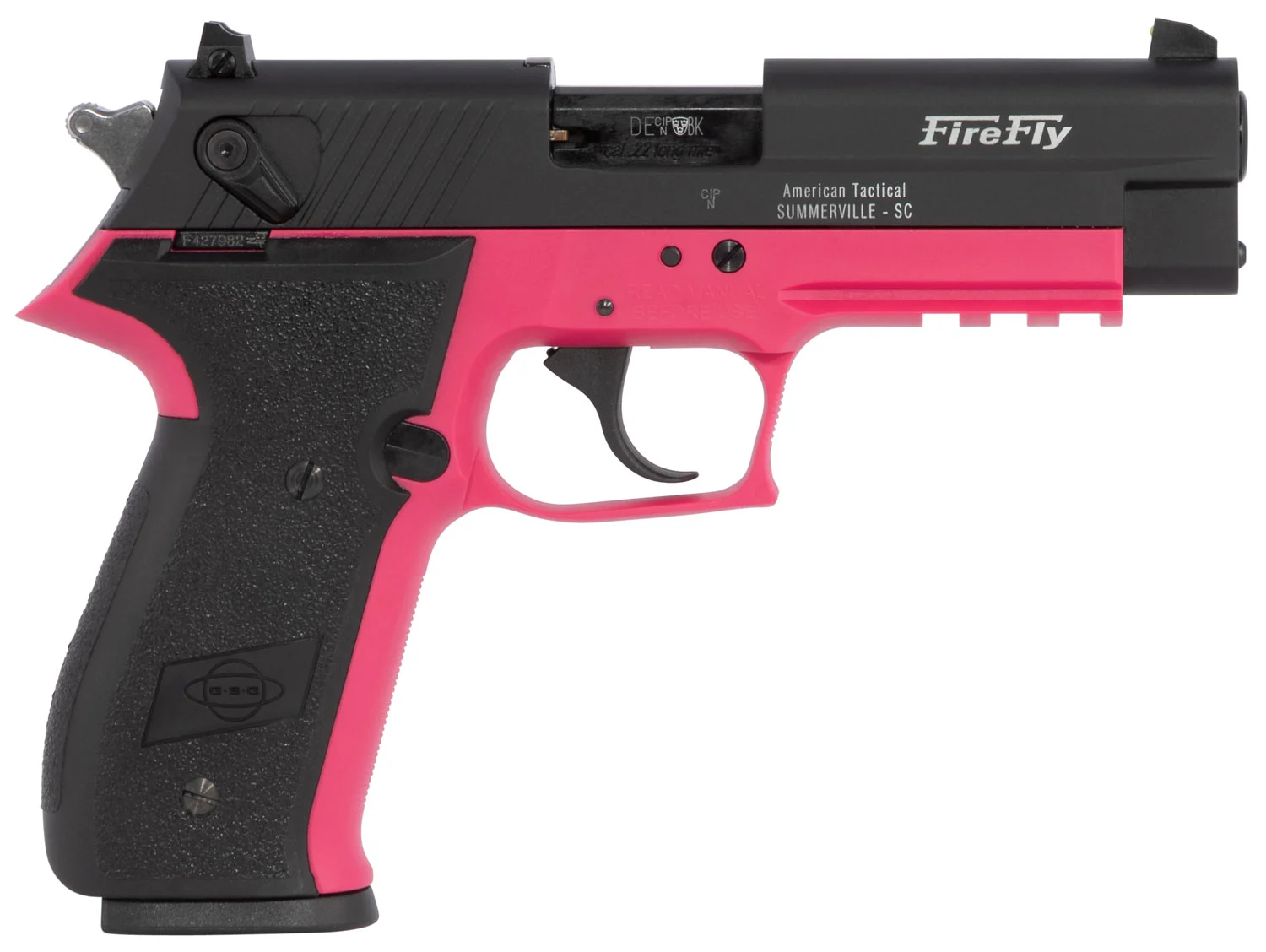 GSG GERG2210FFP FireFly 22 LR 10+1 4" Black Serrated Slide, Pink Zinc Alloy w/Accessory Rail Frame, Black Polymer Grip