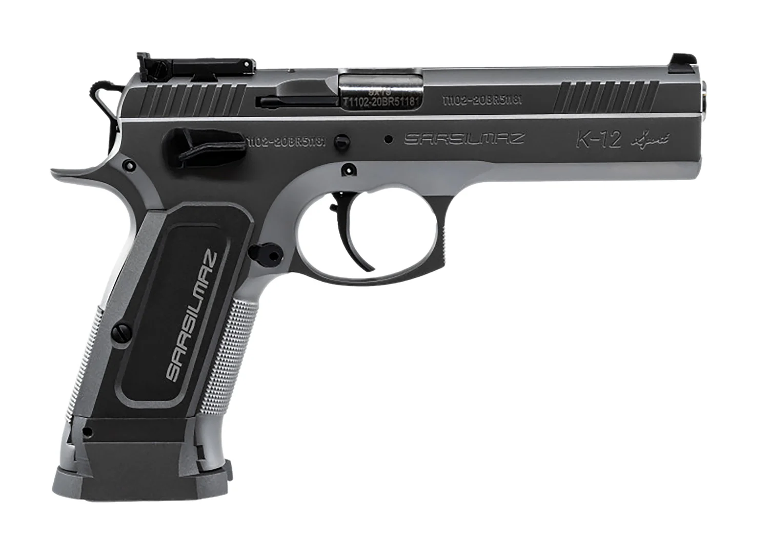 SAR USA K12STSP K12 Sport 9mm Luger 17+1 4.70" Stainless Target Crown Barrel, Stainless Steel Serrated Slide, Stainless Steel Frame w/Beavertail, Gray Polymer Grip, Right Hand