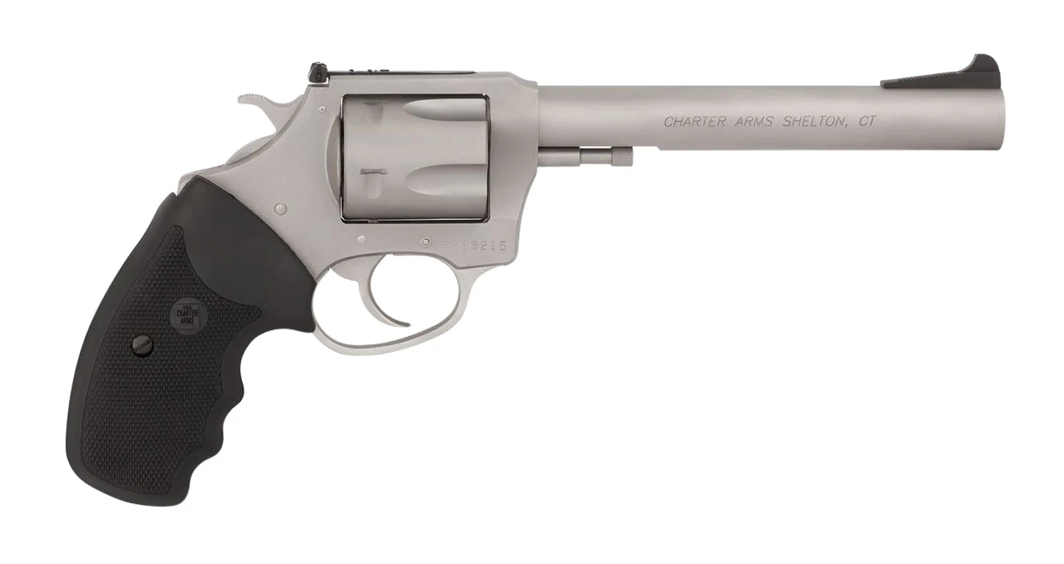 Charter Arms 73566 Mag Pug Target Extra Large 357 Mag, 6 Shot 6" Matte Stainless Steel Barrel, Cylinder & Frame w/Black Finger Grooved Rubber Grip
