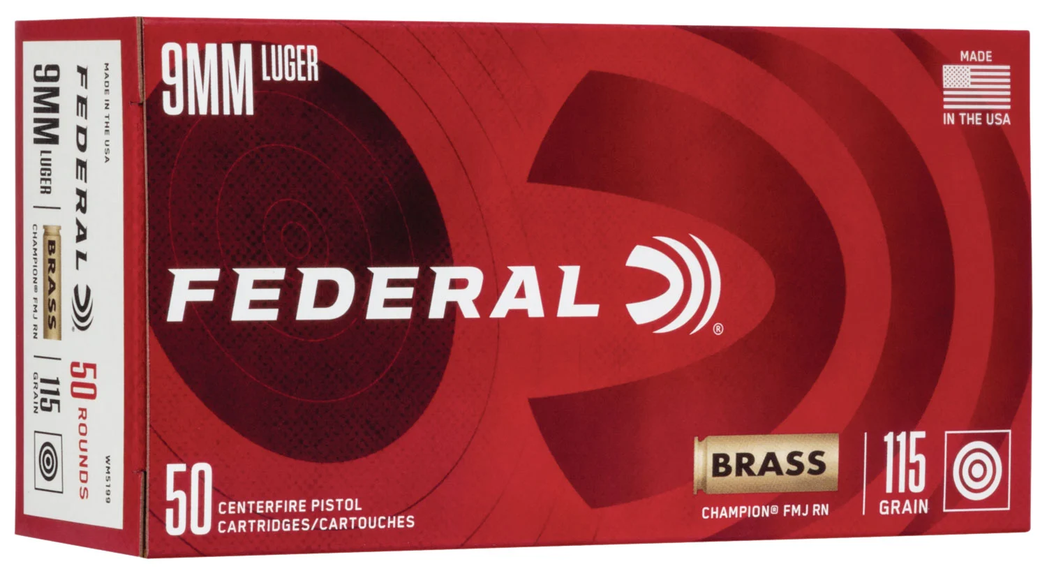 Federal WM5199 Champion Training 9mmLuger 115gr Full Metal Jacket 50 Per Box/20 Case