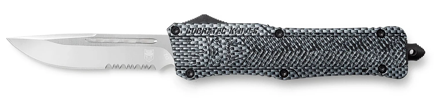 CobraTec Knives LCFCTK1LDS CTK-1 Large 3.75" OTF Drop Point Part Serrated D2 Steel Blade/ Carbon Fiber Aluminum Handle Features Glass Breaker Includes Pocket Clip