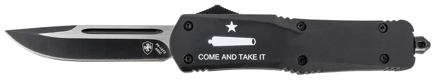 Templar Knife LCATI331 Gen II Come And Take It Large 3.50" OTF Drop Point Plain Black Oxide Stonewashed 440C SS Blade, 5.25" Black "Come And Take It" Aluminum Handle, Glass Breaker