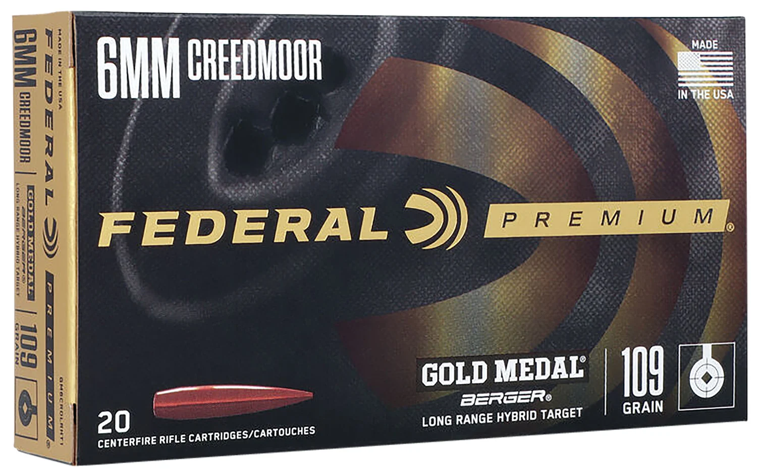 Federal GM6CRDLRHT1 Premium Gold Medal 6mmCreedmoor 109gr Berger Long Range Hybrid Target 20 Per Box/10 Case