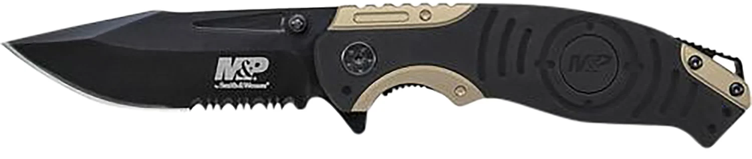 Smith & Wesson Knives SWP13BSCP M&P 3.50" Folding Drop Point Part Serrated Stonewashed 8Cr13MoV SS Blade/Black & Tan Aluminum Handle Includes Pocket Clip