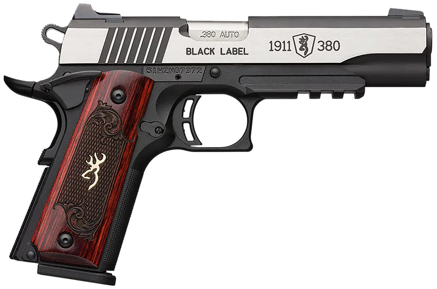 Browning 051969492 1911-380 Black Label Medallion Pro 380 ACP 4.25" 8+1 Matte Black Stainless Steel with Black Accents Rosewood with Integrated Gold Buck Mark Inlay Grip Fixed 3-Dot Picatinny Rail