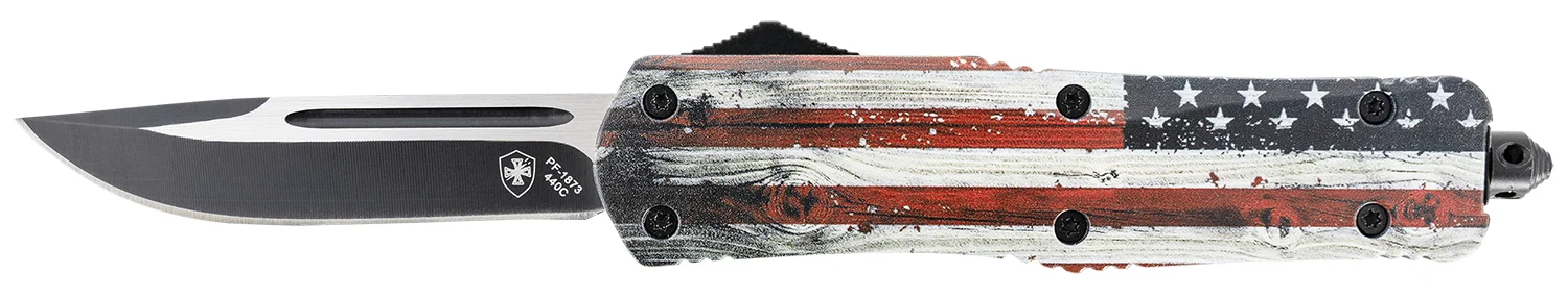 Templar Knife LWUS331 Gen II Wood US Flag Large 3.50" OTF Drop Point Plain Black Oxide Stonewashed 440C SS Blade, 5.25" Painted Wood Grain US Flag Aluminum Handle, Glass Breaker