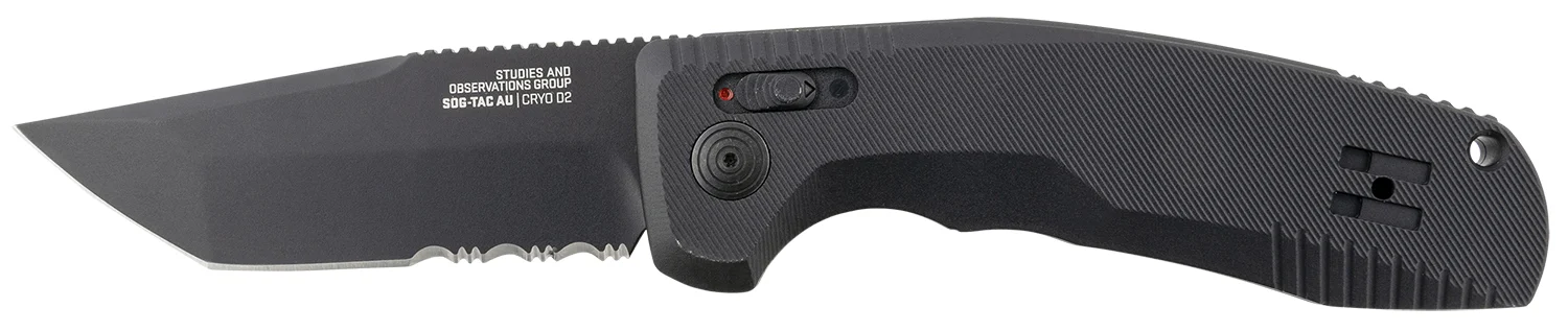 S.O.G SOG15380457 SOG-TAC Auto 3.43" Folding Tanto Part Serrated Black TiNi Cryo D2 Steel Blade Black Micro-Textured Anodized Aluminum Handle Includes Pocket Clip