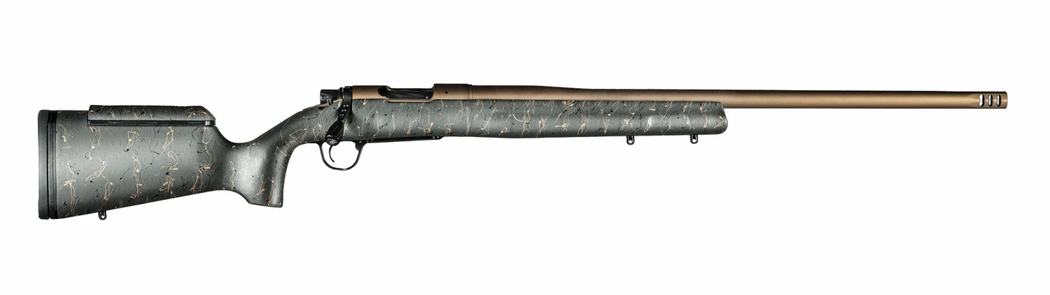 Christensen Arms 8010200900 Mesa Long Range 300 Win Mag 3+1 26" Threaded Barrel, Burnt Bronze Cerakote, Green with Black/Tan Webbing Stock