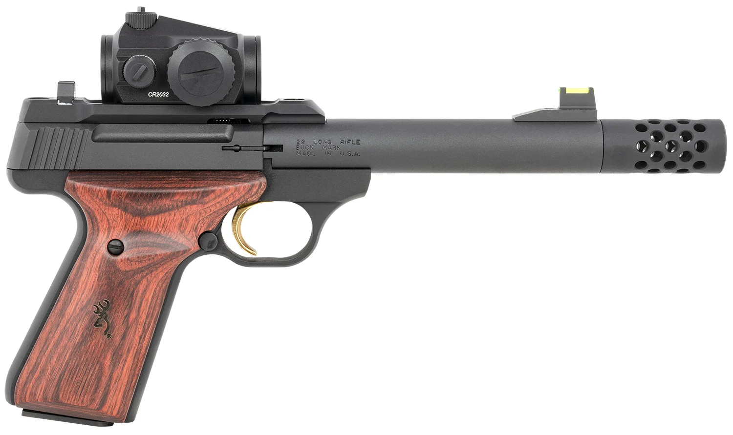 Browning 051580490 Buck Mark Hunter 22 LR 10+1 5.90" Bull/Threaded/Muzzle Brake Barrel, Matte Black Serrated Steel Slide & Aluminum Frame Laminate Cocobolo Grips, Vortex Crossfire Red Dot