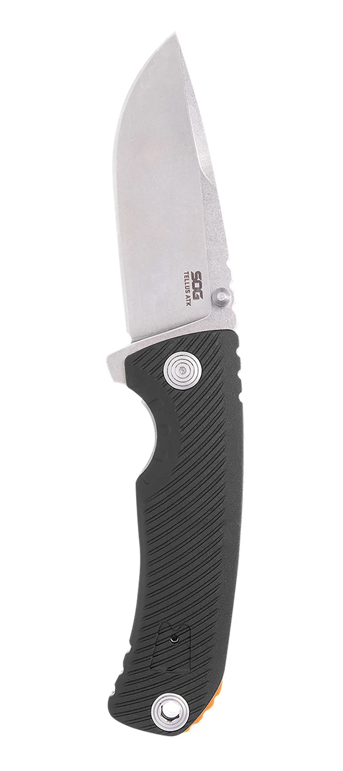 S.O.G SOG11060243 Tellus ATK 3.50" Folding Clip Point Plain Stonewashed Cryo 440C SS Blade/ Black Textured w/Orange Backspacer GRN Handle Includes Belt Clip