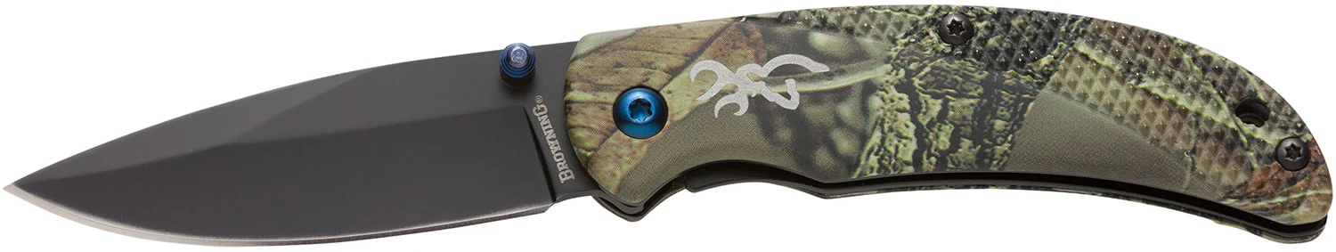Browning 3220344 Prism 3 EDC Folding 2.38" Plain Black Oxide 7Cr17MoV SS Blade, Camo w/Brass Accents & Logo Anodized Aluminum Handle, Includes Pocket Clip