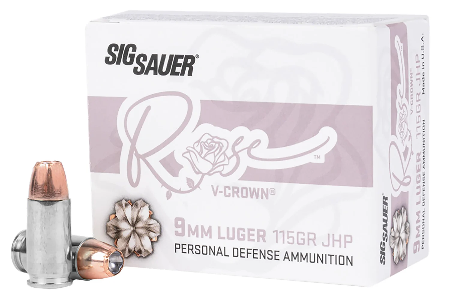 Sig Sauer E9MMA1ROSE20 Rose 9mm Luger 115gr V-Crown Jacketed Hollow Point 20 Per Box/10 Case