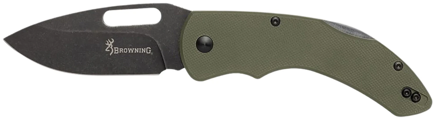 Browning 3220506 Hidden Hollow EDC Large 3" Folding Drop Point Plain Black Oxide Stonewashed D2 Steel Blade, OD Green G10 Handle