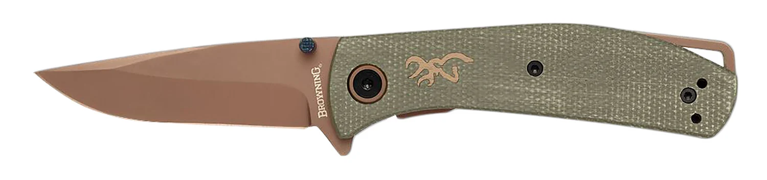 Browning 3220516B Trailside EDC Small 3" Folding Modified Drop Point Plain Titanium Finish D2 Steel Blade, Green Micarta Handle, Boxed Pkg