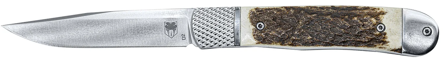 CobraTec Knives CTTHRSTG Trapper Hidden Release 3.12" Flip Open Drop Point Plain Satin D2 Steel Blade, 4.25" Stag Scales Handle