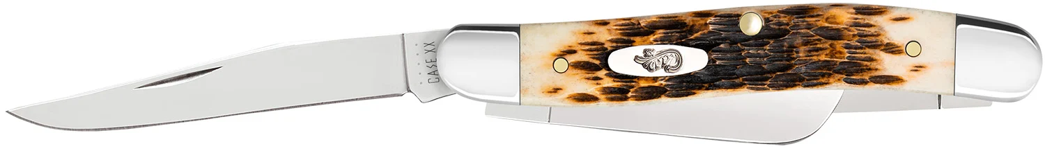 Case 00042 Stockman Medium 2.57"/1.88"/1.71" Folding Clip Point/Sheepsfoot/Spey Plain Mirror Polished Tru-Sharp SS Blade Peach Seed Jigged Amber Bone Handle
