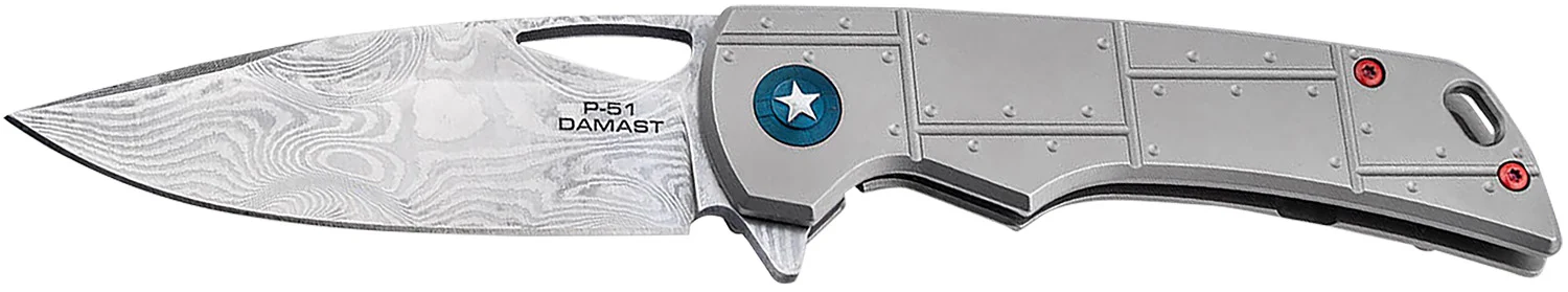 Boker 01BO910DAM P-51 Damast 3.35" Drop Point Plain Silver Acid Etch Damascus Blade Titanium Handle