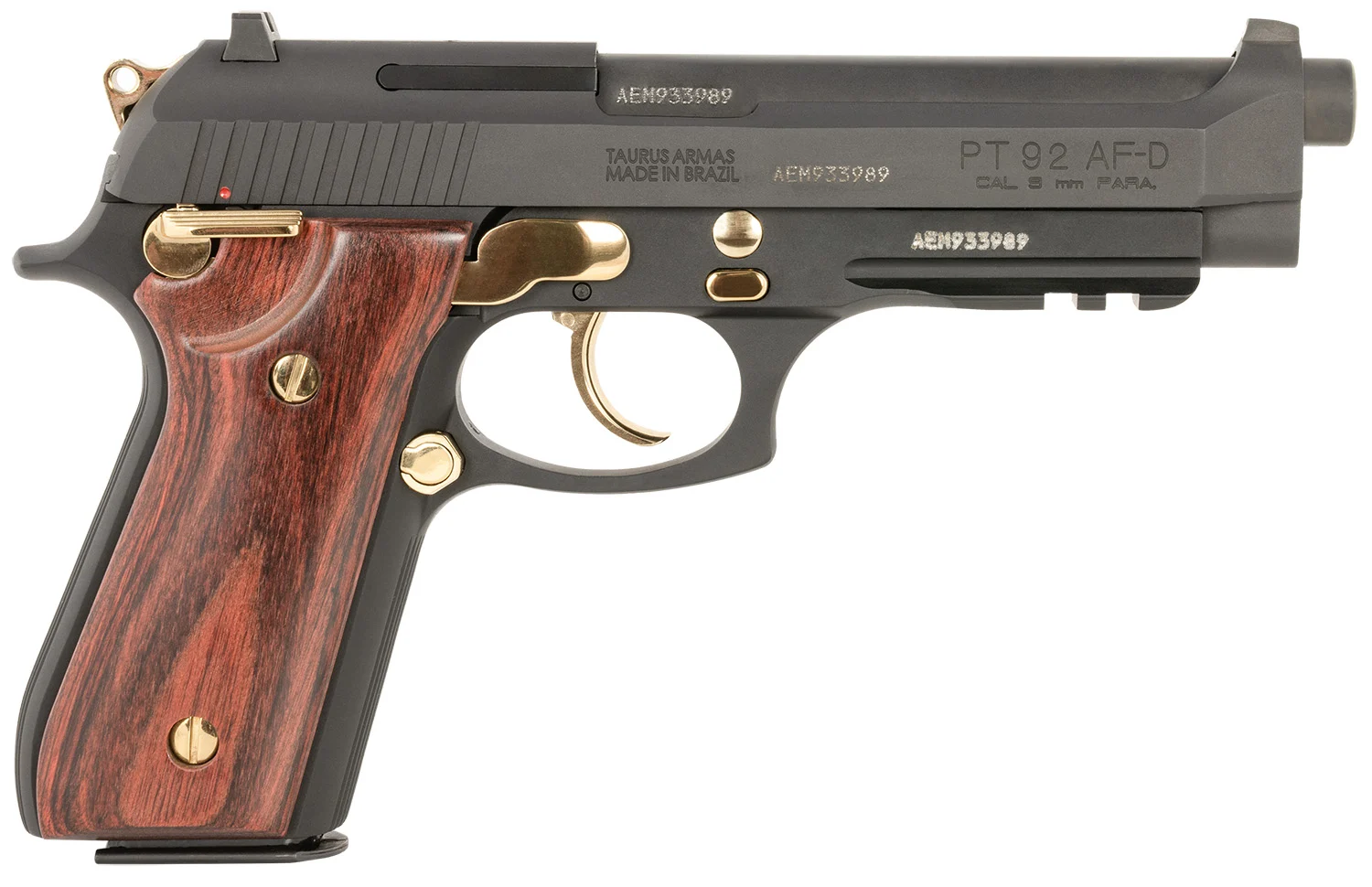 Taurus 1-920151GLD-HW1 92 Full Size Frame 9mm 17+1 5" Matte Black Stainless Steel Barrel, Matte Black Serrated Alloy Steel Slide, Matte Black w/Gold Accents Aluminum Frame w/Picatinny Rail, Wood Grip