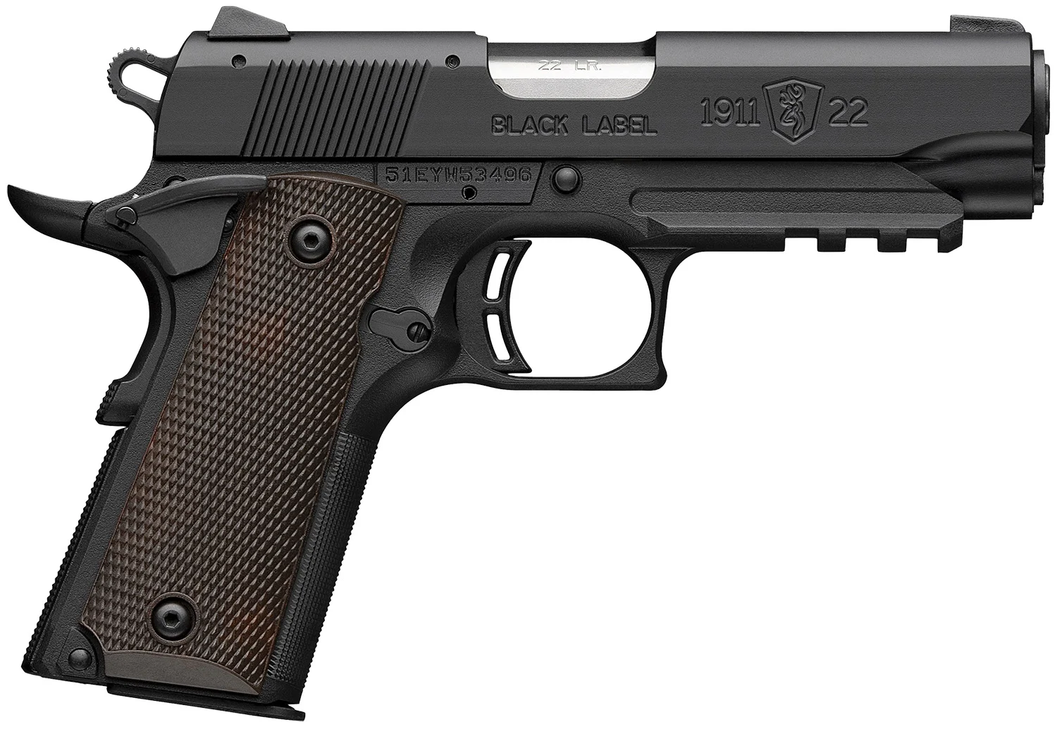Browning 051066490 1911 Black Label Compact Frame 22 LR 10+1 3.63" Stainless Steel Barrel, Matte Black Serrated Slide, Matte Black Aluminum Frame w/Picatinny Rail, Brown Composite Grip