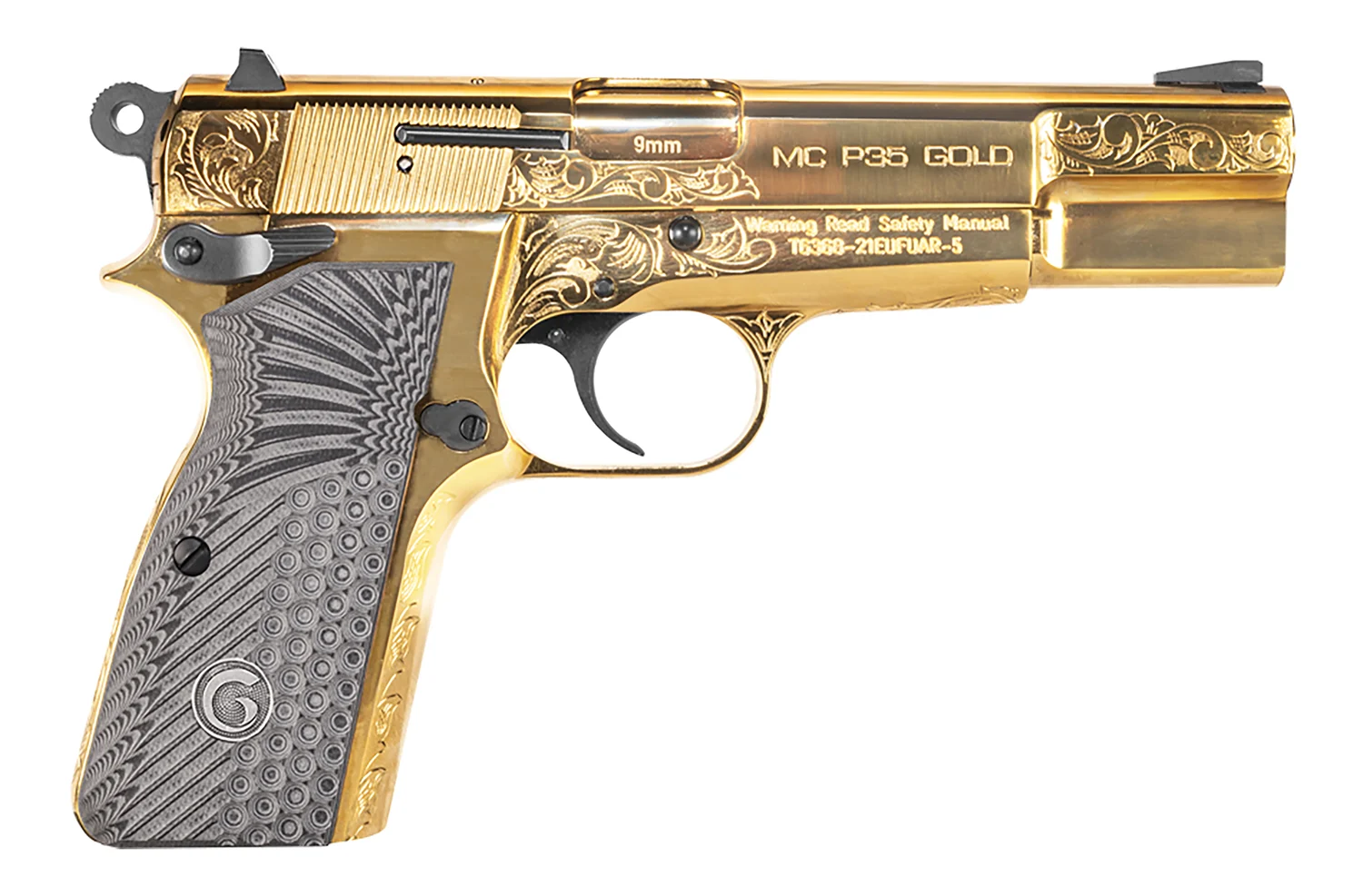 Girsan 390488 MC P35 9mm Luger 15+1 4.87" Gold Plated PVD Stainless Steel Barrel, Gold Finish Engraved Serrated Stainless Steel Slide, Gold Plated Steel Frame w/Beavertail, G10 Grip
