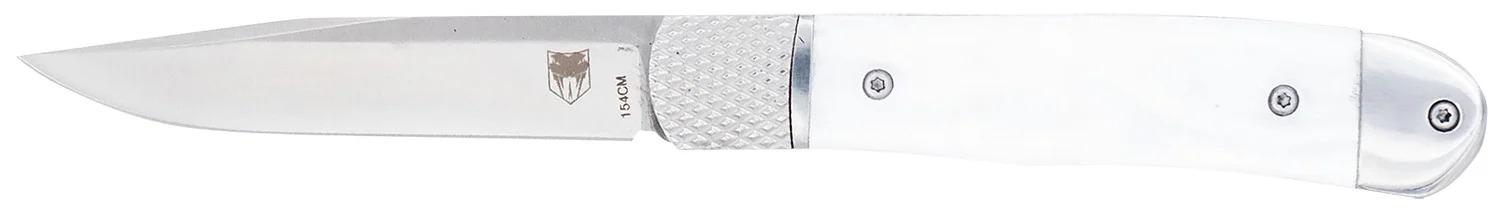 CobraTec Knives CTTHRWTABA154CM Trapper Small 3.13" Folding Plain 154CM SS Blade, 4.25" White Abalone Scales Handle
