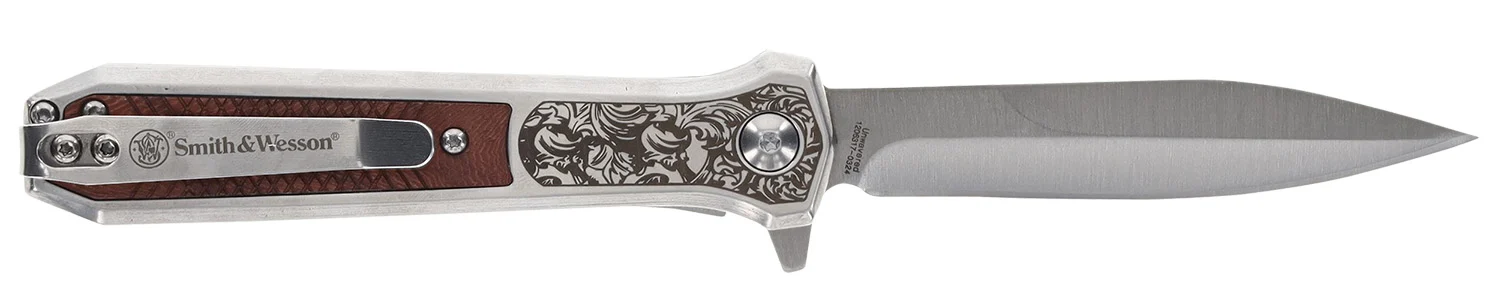 Smith & Wesson Knives 1205011 Unwavered 3.50" Folding Dagger, Plain Stonewashed 8Cr13MoV SS Blade, 4.25" Rosewood w/SS Scales Handle