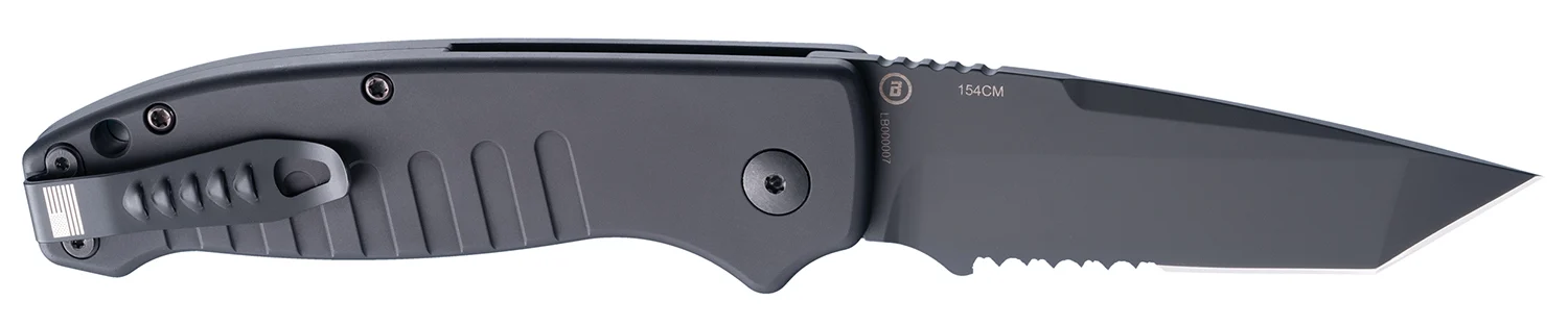 Hogue 64120 Ballista 3.50" Folding Tanto Part Serrated Black Cerakote 154CM SS Blade, Matte Black w/Fluted Texture Aluminum Handle