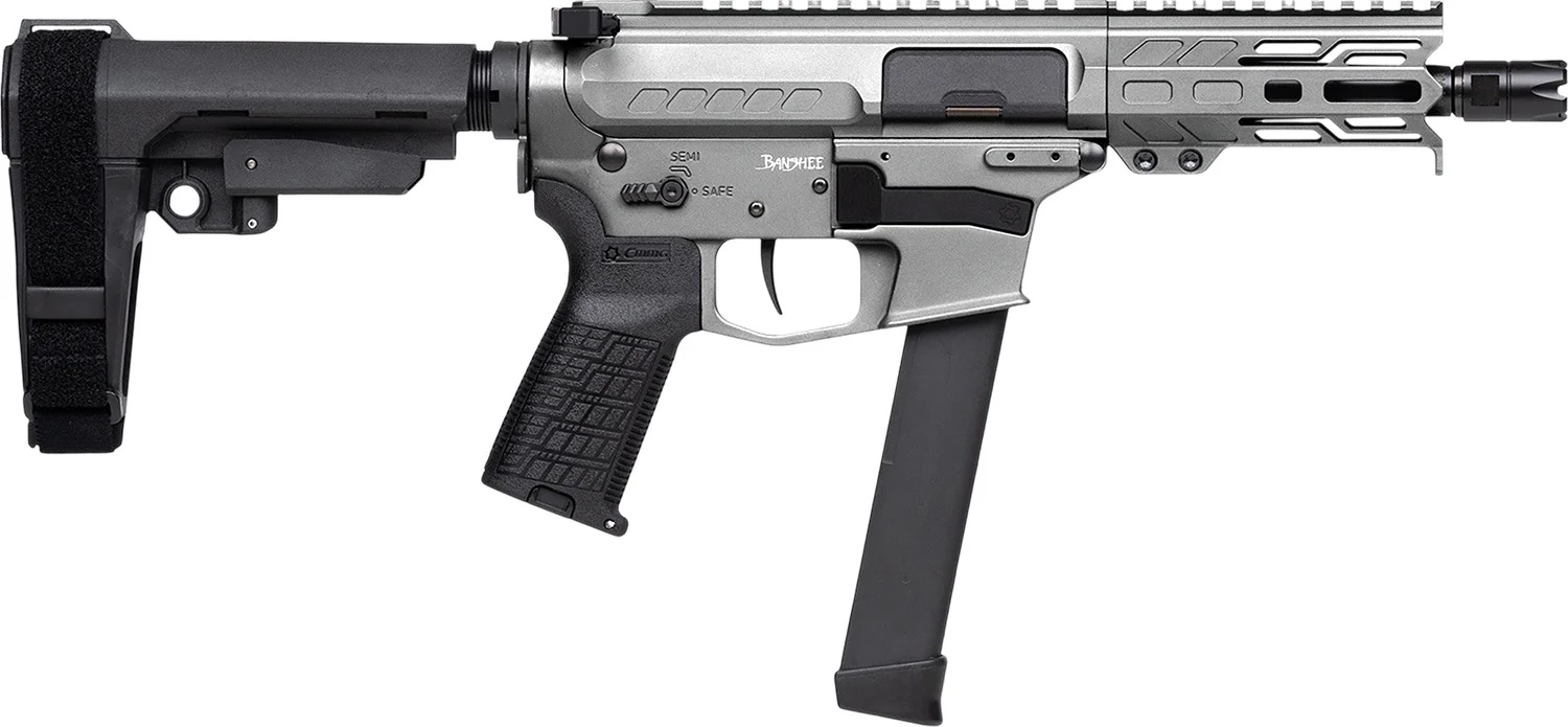 CMMG 99A290FTNG Banshee FE MkGs 9mm Luger 33+1 5" Black Nitride Threaded Barrel, M-LOK Handguard, Tungsten Cerakote Aluminum Receiver w/Picatinny Rail, Black Polymer CMMG RipBrace, CMMG Zeroed Grip