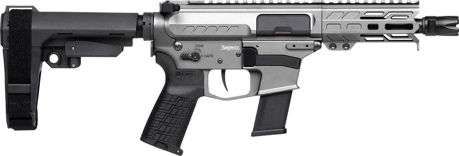 CMMG 45A150FTNG Banshee FE MkG 45 ACP 13+1 5" Black Nitride Threaded Barrel, M-LOK Handguard, Titanium Cerakote Aluminum Receiver w/Picatinny Rail, Black Polymer CMMG RipBrace, CMMG Zeroed Grip