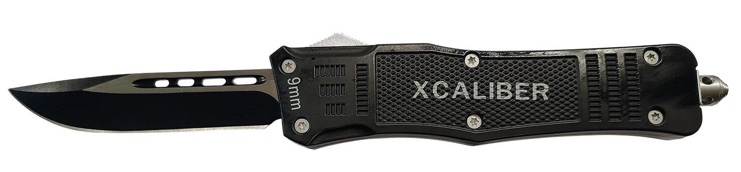 Xcaliber Knife Company 9mm Large 3.80" OTF Drop Point Black 440C SS Blade, 5.30" Steel Handle