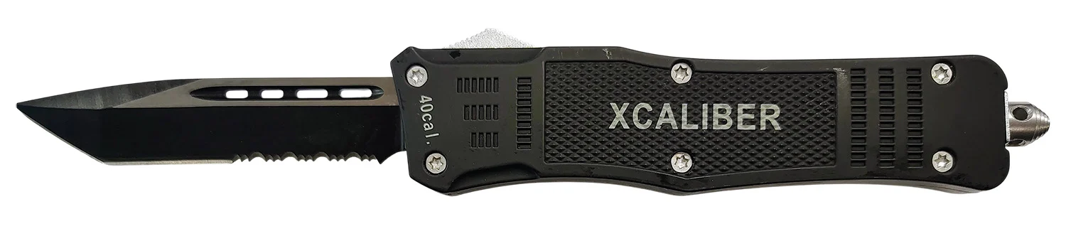 Xcaliber Knife Company 40 Cal Large 3.80" OTF Tanto Part Serrated Black 440C SS Blade, 5.30" Steel Handle