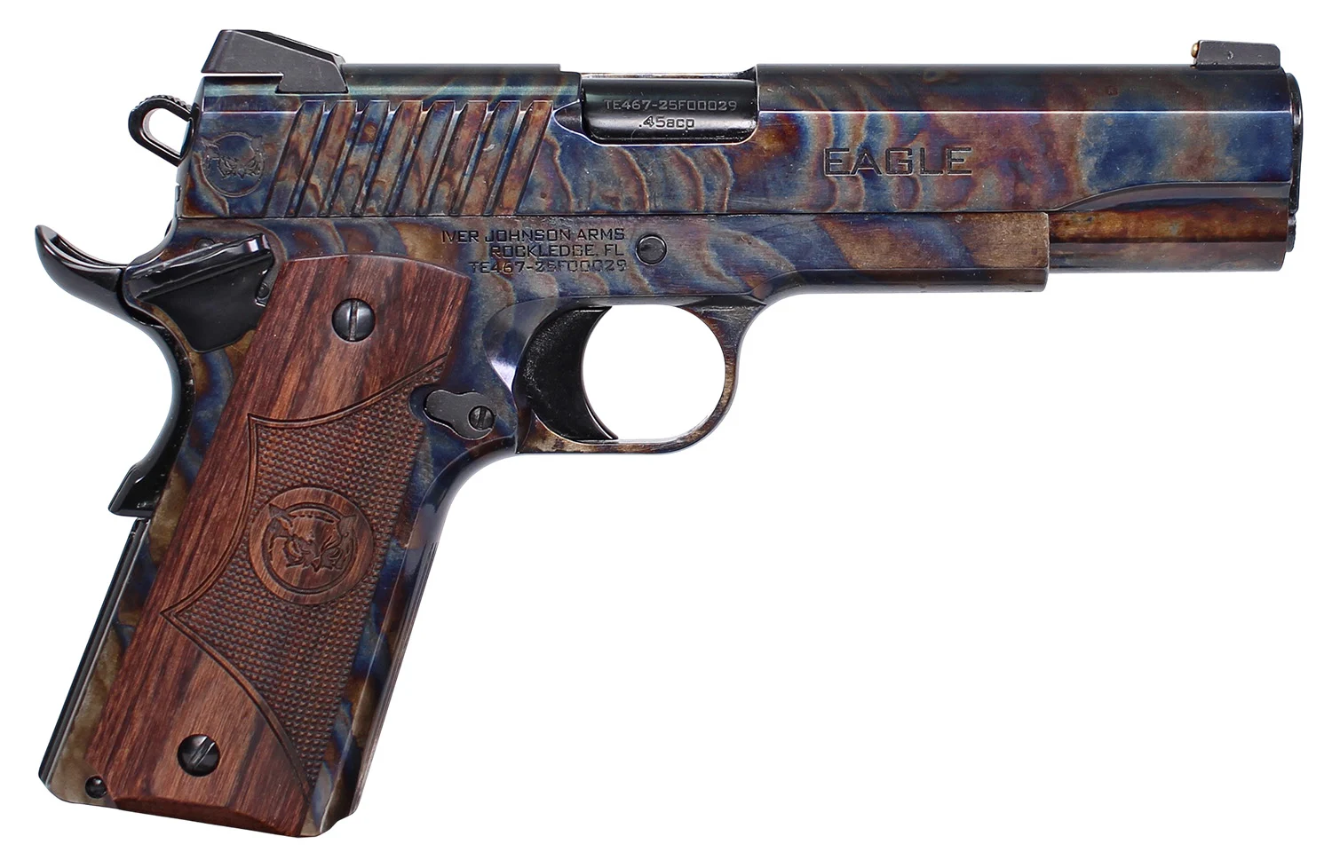 Iver Johnson Arms EAGLECC Eagle Gen2 CC Government 45 ACP 8+1 5" Polished Black PVD Crowned Barrel, Color Case Hardened Steel Serrated Slide & Steel Frame w/Beavertail, Dymondwood Engraved w/Logo Grip