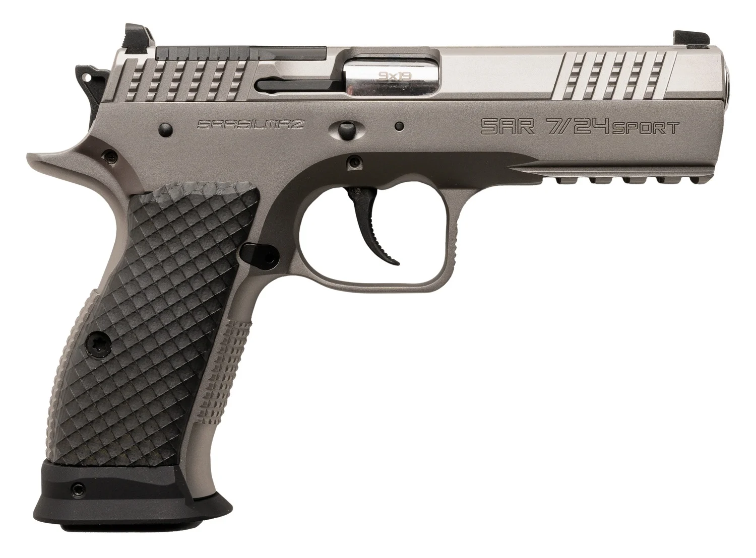 Sarsilmaz SAR7/24SPT 7/24 9mm Luger 17+1 4.40" Stainless Barrel, Matte Stainless Steel Optic Cut/Serrated Slide, Matte Stainless Steel Frame w/Beavertail & Picatinny Rail, Black Polymer Grip